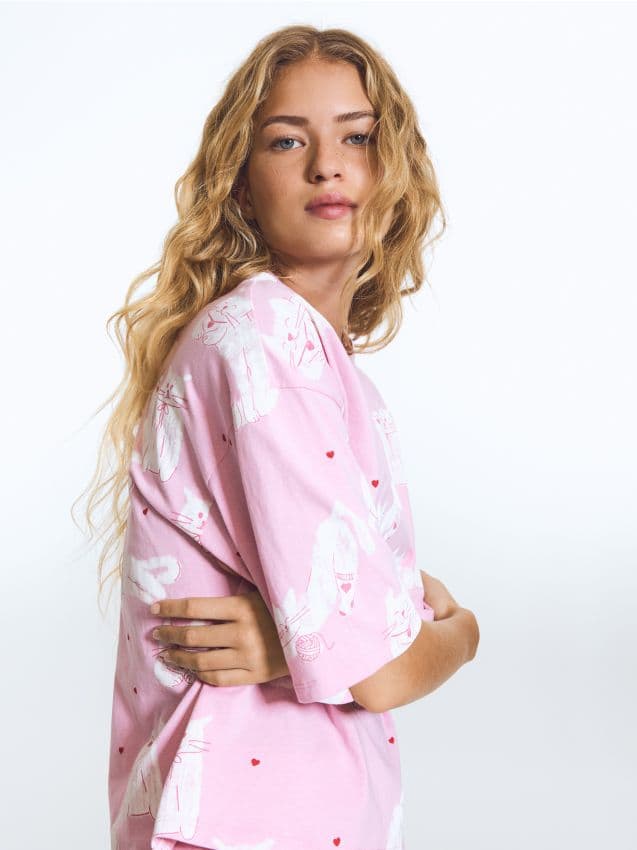 Reserved - Комплект Пижама От Две Части С Принт Котка